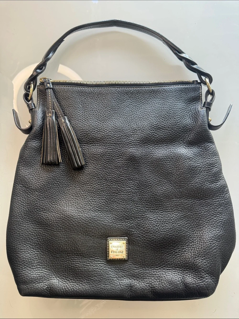 Dooney & Bourke Black Pebbled Leather Hobo with Tassel Accents